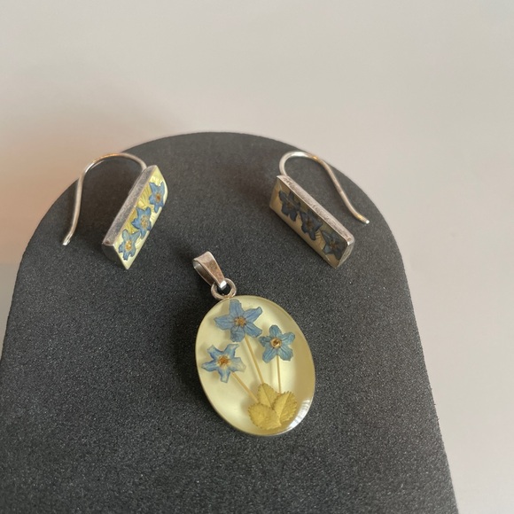 Vintage Sterling Silver Forget-Me-Not Jewelry Set 925 Pressed Flower Pendant Set - Picture 3 of 7